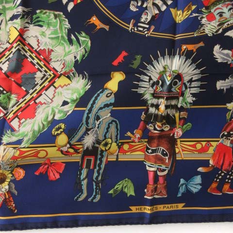 エルメス HERMES カチナ KACHINA スカーフ カレ90 シルク 総柄 紺 /TK  
