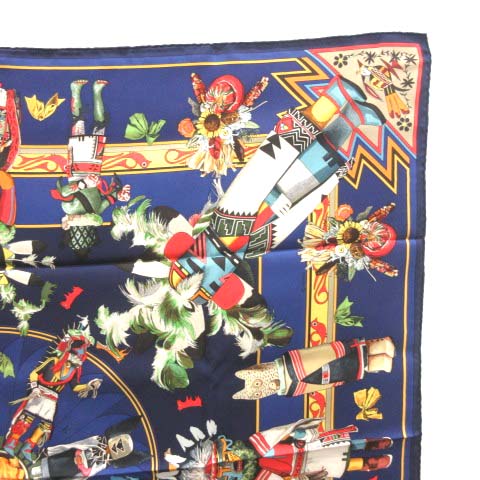 エルメス HERMES カチナ KACHINA スカーフ カレ90 シルク 総柄 紺 /TK  
