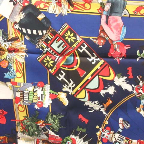 エルメス HERMES カチナ KACHINA スカーフ カレ90 シルク 総柄 紺 /TK  