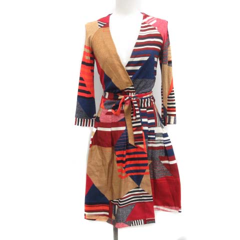 ダイアンフォンファステンバーグ Diane Von Furstenberg ラップワンピース ひざ丈 七分袖 総柄 シルク混 絹混 0 Xs 赤 レッド 紺 ネイビー 茶 ブラウン Mf7 レディース 081 ベクトルパーク