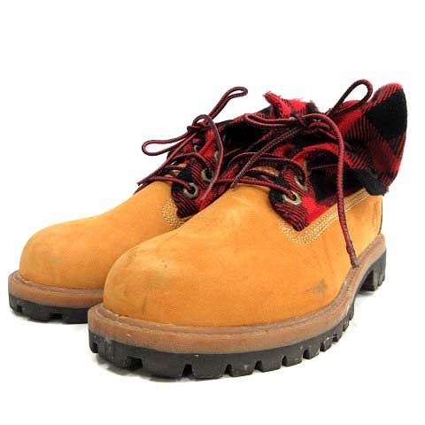 ティンバーランド Timberland ロールトップブーツ Rolltopboots ショート レースアップ スエード レザー チェック 切替 22 5cm キャメル 赤 レッド 966m An D レディース 081 ベクトルパーク