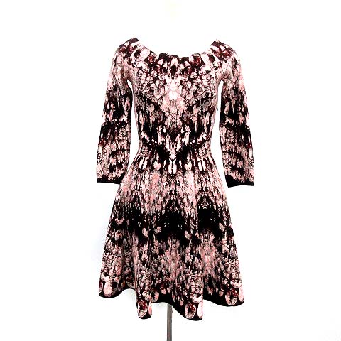 アレキサンダーマックイーン Alexander Mcqueen ワンピース ニット ジャガード オフショル 七分袖 ひざ丈 フレア シルク混 Xs ピンク ボルドー 黒 G レディース 081 ベクトルパーク