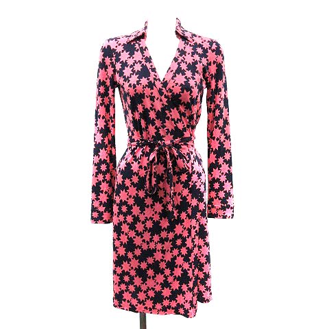 ダイアンフォンファステンバーグ Diane Von Furstenberg ワンピース ストレート ひざ丈 カシュクール シルク 総柄 長袖 4 M ピンク Yi1 レディース 081 ベクトルパーク