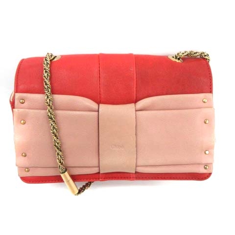 クロエ CHLOE ジューン ショルダーバッグ チェーン リボン レザー 赤 