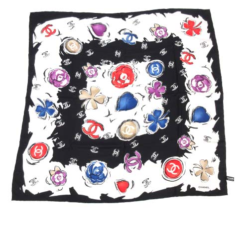 シャネル CHANEL ココマーク カメリア スカーフ シルク ブラックホワイト