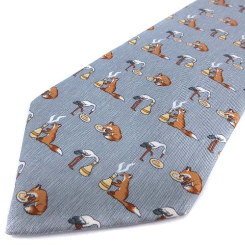 エルメス HERMES ネクタイ 総柄 キツネ フォックス フランス製 シルク