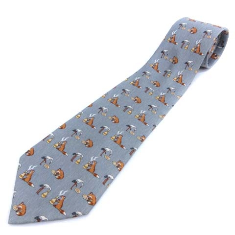 エルメス HERMES ネクタイ 総柄 キツネ フォックス フランス製 シルク