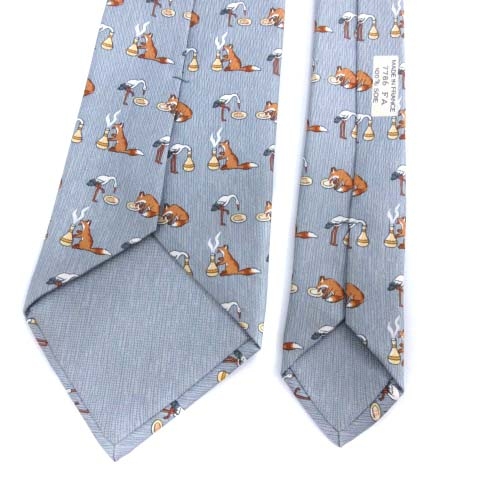 エルメス HERMES ネクタイ 総柄 キツネ フォックス フランス製 シルク