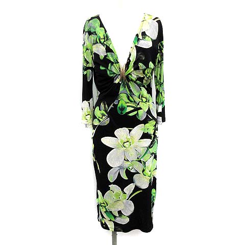 ロベルトカヴァリ Roberto Cavalli ワンピース ロング 花柄 総柄 七分袖 42 M 黒 ブラック 黄緑 ライトグリーン Ym レディース 081 ベクトルパーク