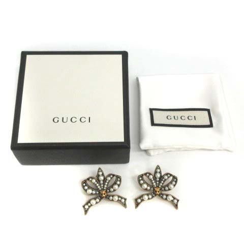 グッチ GUCCI キャットヘッド&パールピアス リボンモチーフ ゴールド色  
