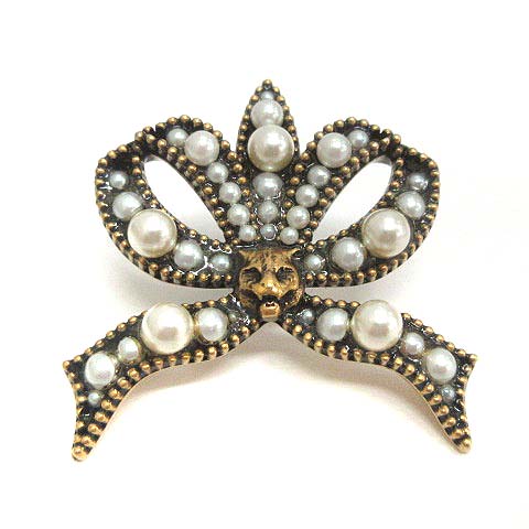 グッチ GUCCI キャットヘッド&パールピアス リボンモチーフ ゴールド色  