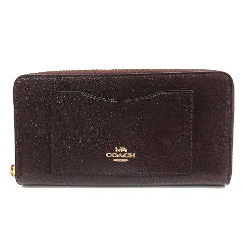 コーチ COACH 長財布 ラウンドファスナー パテントレザー ロゴ 茶 