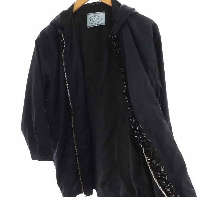 プラダ PRADA コート パーカー ナイロン ジップアップ フード ビジュー 36 S 紺 ネイビー /PJ レディース