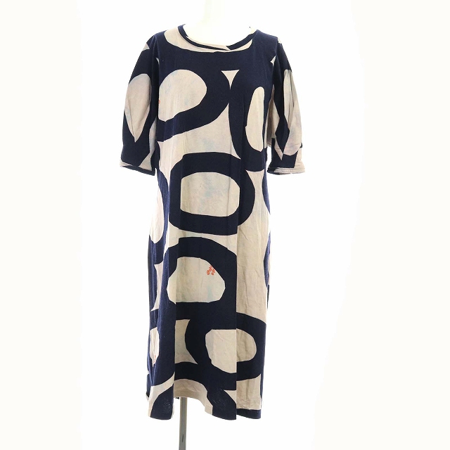 ミナペルホネン Mina Perhonen Bouncy ワンピース 半袖 ドルマンスリーブ ロング 総柄 38 S 紺 ネイビー ピンクベージュ Kh レディース 081 ベクトルパーク