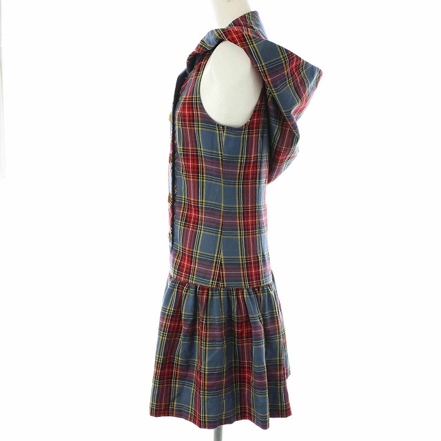 ヴィヴィアンウエストウッドレッドレーベル Vivienne Westwood Red Label ノースリーブワンピース ひざ丈 フード チェック柄 変形 ウール 日本製 2 M 赤 レッド 青 ブルー Bm14 レディース 081 ベクトルパーク