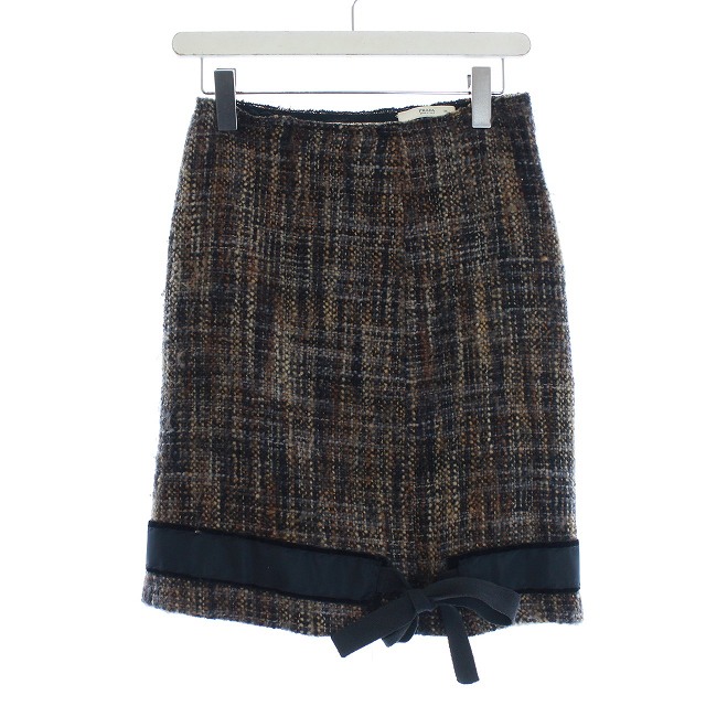 プラダ PRADA スカート ツイード リボン ひざ丈 タイト 36 XXS 茶  