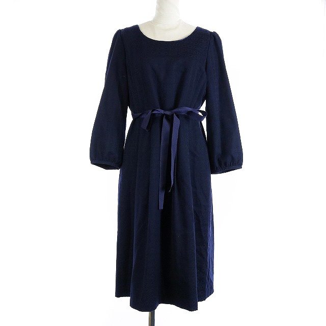 スープ Soup ワンピース ひざ丈 七分袖 総柄 リボン紐 ウール混 9 M 紺 ネイビー Hz レディース 081 ベクトルパーク