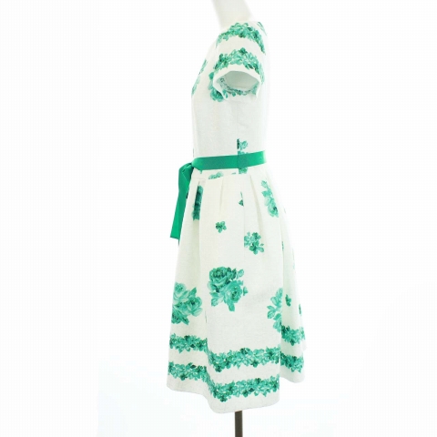 エムズグレイシー M S Gracy 21年 フラワージャガードワンピース ひざ丈 ラウンドネック 半袖 リボン 花柄 36 S 白 ホワイト 緑 グリーン Yt レディース 081 ベクトルパーク