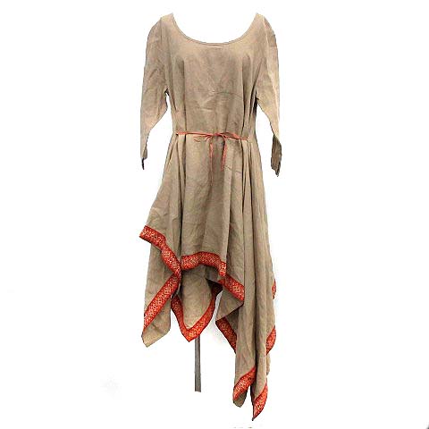 キャピタル Kapital ワンピース 麻100 リネン 七分袖 チロリアンテープ ひざ丈 S 茶 ブラウン G レディース 081 ベクトルパーク