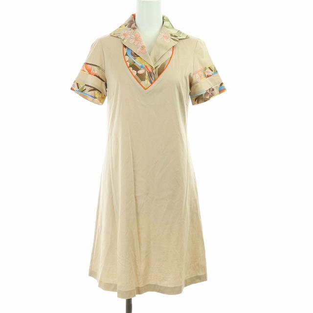 レオナールスポーツ Leonard Sport オープンカラー フローラルプリント シャツワンピース ひざ丈 半袖 プルオーバー 花柄 36 S ベージュ Kh レディース 081 ベクトルパーク