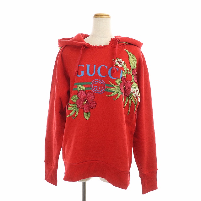 グッチ Gucci パーカー スウェット プルオーバー オーバーサイズ ダメージ加工 ヴィンテージロゴ ハイビスカス 刺繍 コットン Xs 赤 レッド マルチカラー Si レディース 081 ベクトルパーク