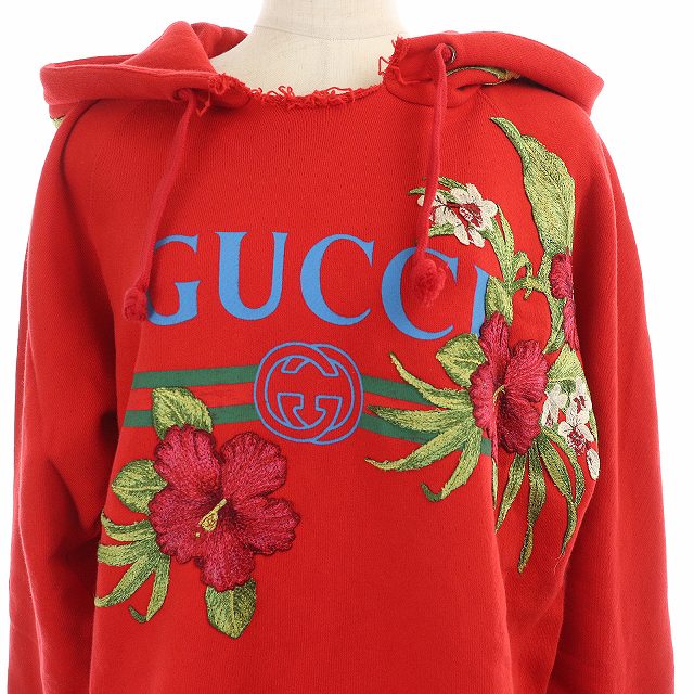 グッチ Gucci パーカー スウェット プルオーバー オーバーサイズ ダメージ加工 ヴィンテージロゴ ハイビスカス 刺繍 コットン Xs 赤 レッド マルチカラー Si レディース 081 ベクトルパーク