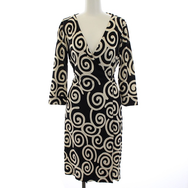 ダイアンフォンファステンバーグ Diane Von Furstenberg 柄ガウンワンピース ラップワンピース シルク 長袖 膝丈 Vネック リボン 6 L 黒 ブラック 白 ホワイト Nm レディース 081 ベクトルパーク