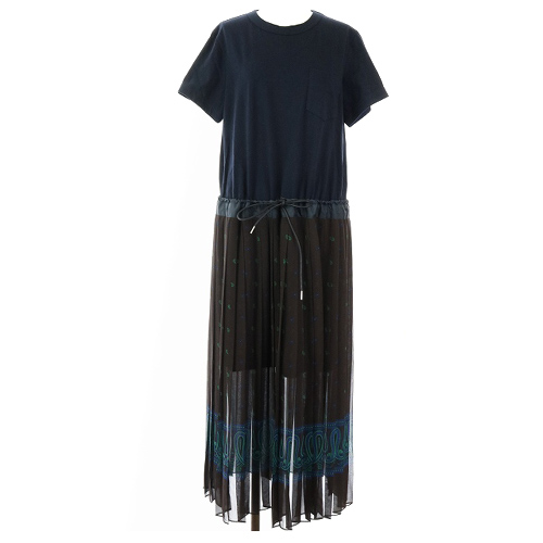 サカイ Sacai aw ワンピース プリーツ切り替え ロング 半袖 3 L 紺 ネイビー Sr1 レディース 081 ベクトルパーク