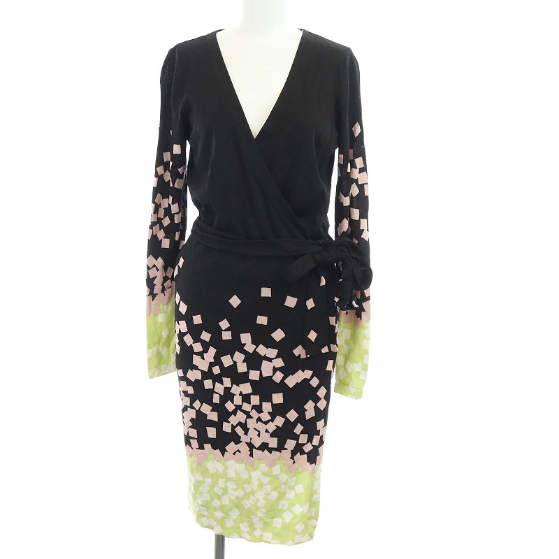 ダイアンフォンファステンバーグ Diane Von Furstenberg 長袖 ラップワンピース ロング 総柄 P S 黒 ブラック Kh レディース 081 ベクトルパーク