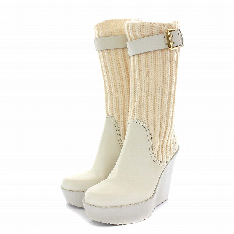 グッチ GUCCI ロング ニット ブーツ ウェッジソール 36 23㎝ 白 