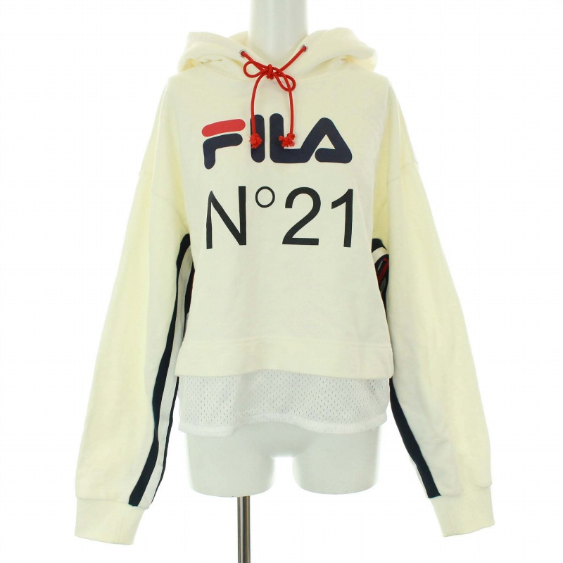超目玉枠 ヌメロヴェントゥーノ N 21 レディース Yt レッド 赤 ネイビー 紺 アイボリー L ロゴプリント フード メッシュドッキング クロップド丈 プルオーバー パーカー Fila フィラ ジャケット 上着 Www Tribuna Org Mx