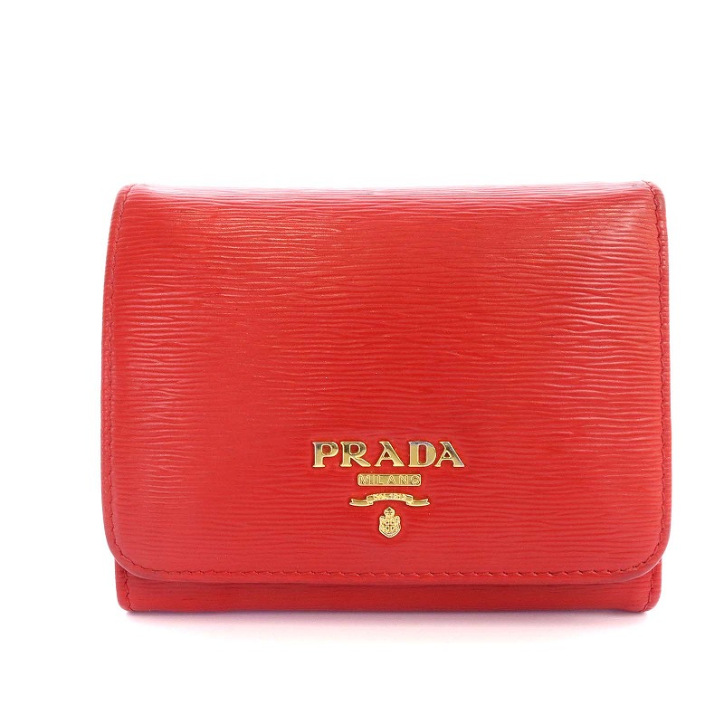 プラダ PRADA 三つ折り財布 ブランドロゴ ゴールド金具 レザー 赤 