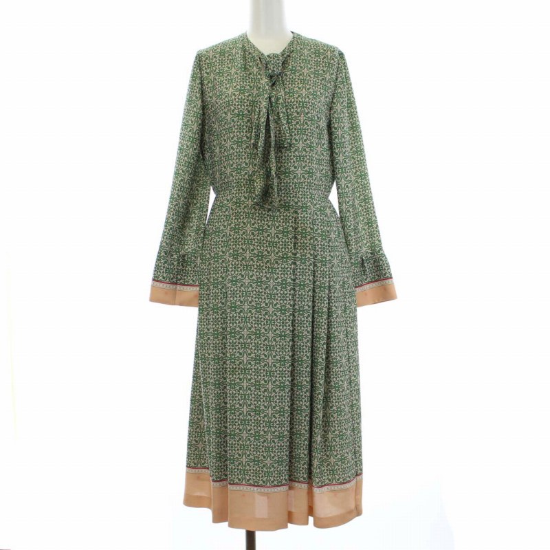 セルフォード Celford ボウタイ 総柄 ワンピース ロング マキシ丈 長袖 38 M 緑 グリーン ピンクベージュ St レディース 081 ベクトルパーク