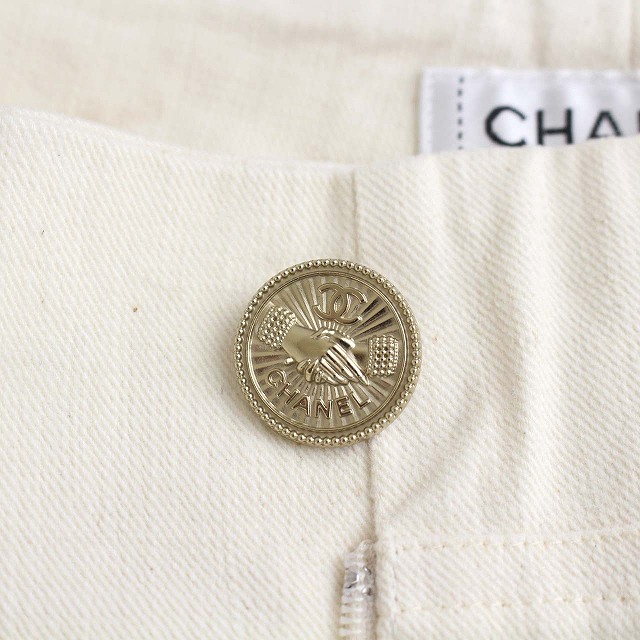シャネル パンツ 38 ホワイト ココボタン シャネル CHANEL 08P ココマーク パンツ クロップド アンクル