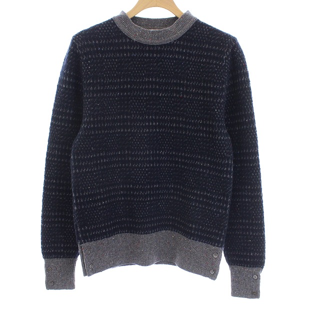 トムブラウン THOM BROWNE 長袖 ニット セーター クルーネック ウール 0 XS 紺 ネイビー グレー /KH メンズ 【驚きの値段】 トムブラウン ウールニット ネイビー ニット/セーター