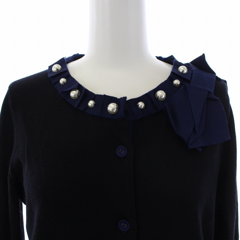 ランバンオンブルー LANVIN en Bleu ニットカーディガン 長袖 リボン パール ウール 38 M 黒ブラック 紺 ネイビー /BM レディース
