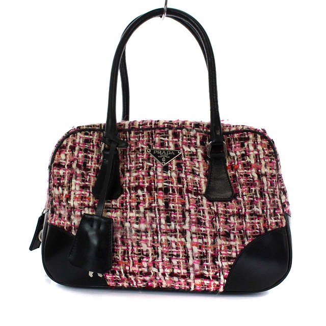 プラダ PRADA ツイード ボストンバッグ ハンドバッグ 三角プレート 