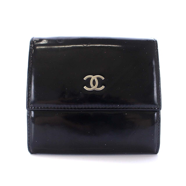 シャネル CHANEL ココマーク ダブルホック 三つ折り財布 エナメル 黒