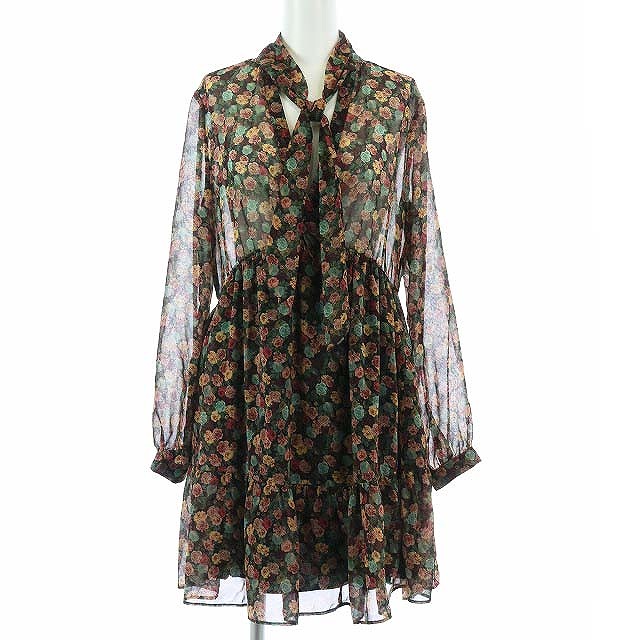 未使用品 ザラ Zara ワンピース ミニ フレア 長袖 花柄 ボウタイ シースルー S ボルドー マルチカラー Mr24 レディース 081 ベクトルパーク