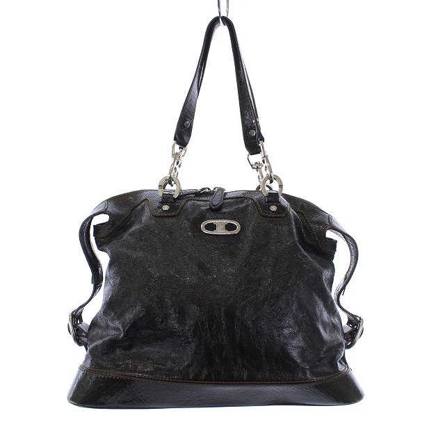 セリーヌ CELINE クラック加工 ハンドバッグ エナメル マカダム 黒 