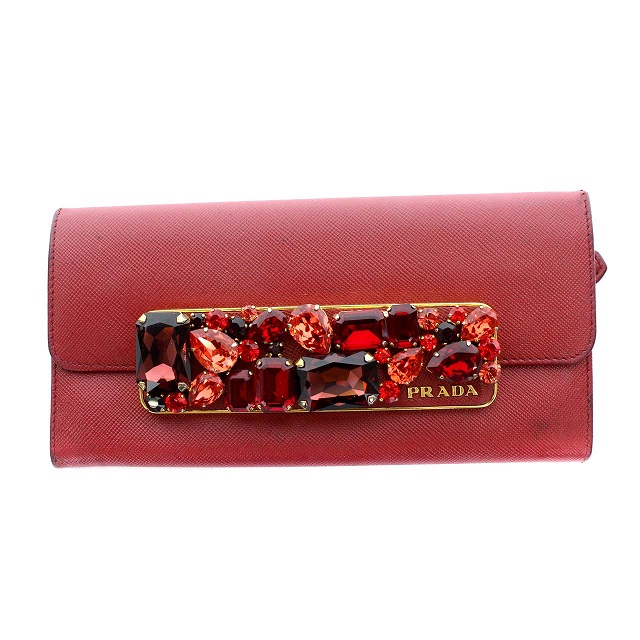 プラダ PRADA 長財布 サフィアーノレザー 装飾 ビジュー 赤 レッド /TY