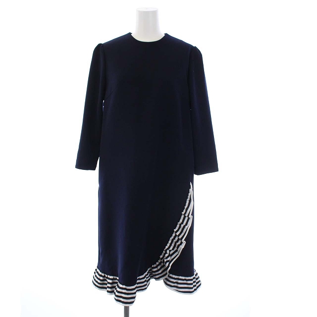 未使用品 ボーダーズアットバルコニー BORDERS at BALCONY 20AW TRIMMED DRESS 七分袖 ワンピース ひざ丈 フリル ボーダー 36 S 紺 ネイビー タグ付き /KH レディース 高い BORDERS タグ付き未使用品 未使用 ワンピース BALCONY at ひざ丈ワンピース