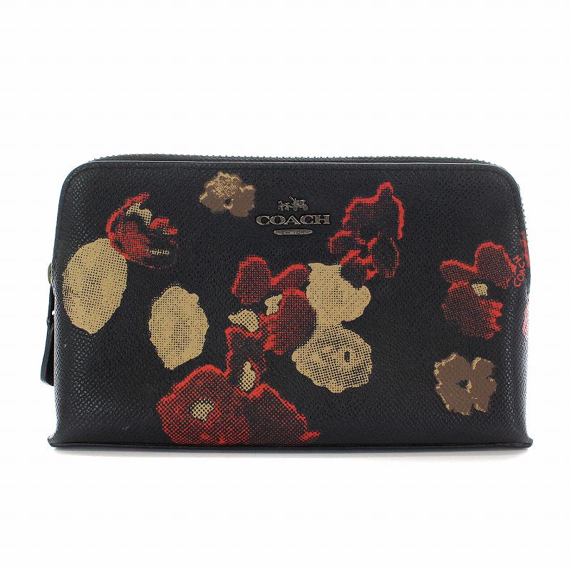 コーチ COACH ポーチ 花柄 レザー 黒 ブラック 赤 ベージュ /YM 