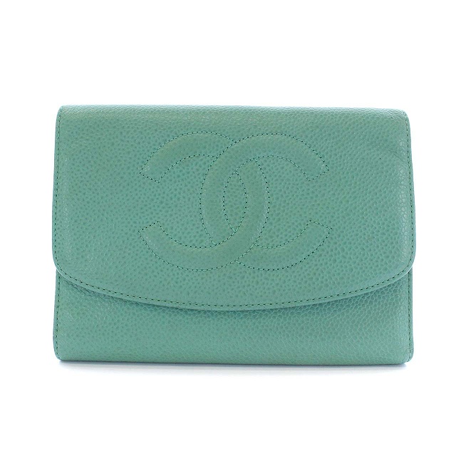 シャネル CHANEL ココマーク キャビアスキン 三つ折り財布 レザー 緑 
