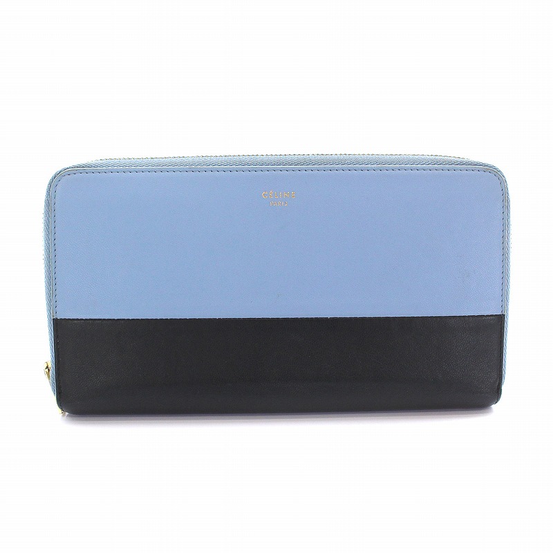 セリーヌ CELINE 長財布 ラウンドファスナー バイカラー レザー 水色 
