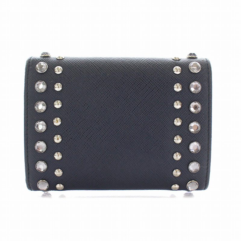 プラダ PRADA 財布 三つ折り ラインストーン スタッズ レザー 紺