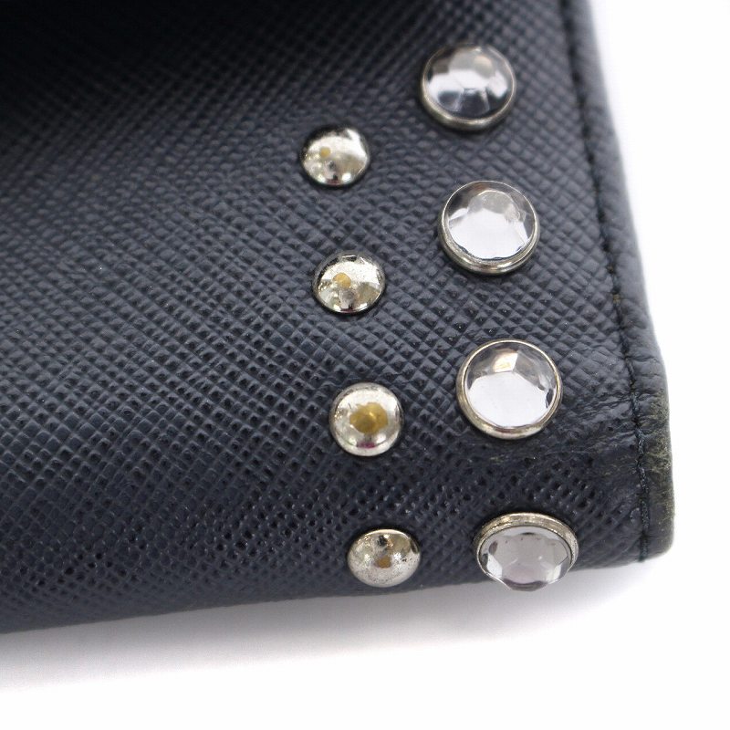 プラダ PRADA 財布 三つ折り ラインストーン スタッズ レザー 紺