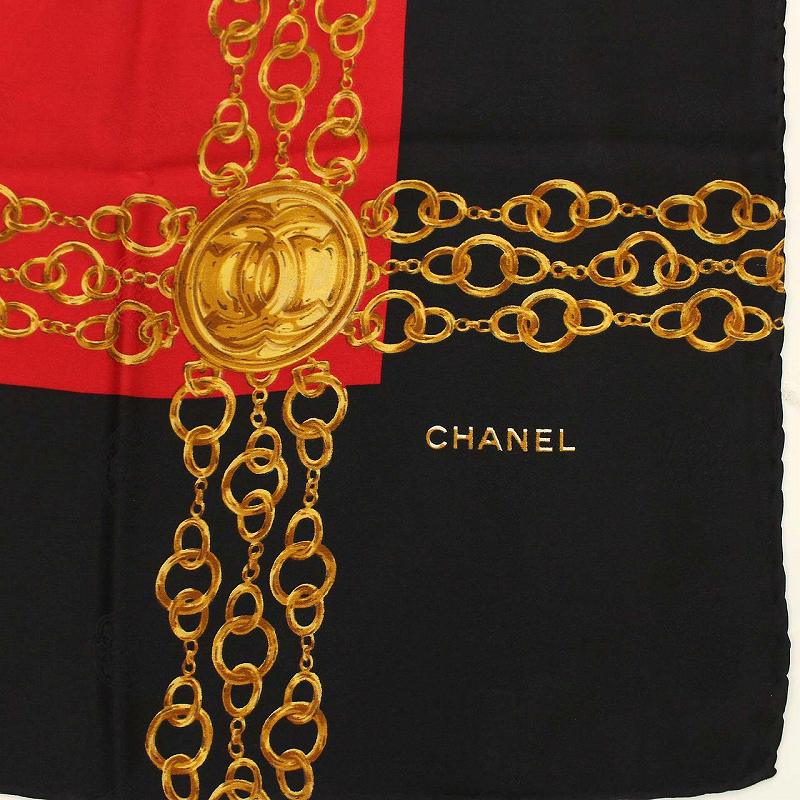 シャネル CHANEL スカーフ スクエア シルク チェーン柄 ココマーク 黒  