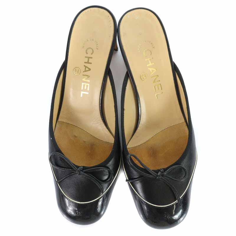 シャネル CHANEL ミュール サンダル レザー エナメル 切替 ハイヒール 