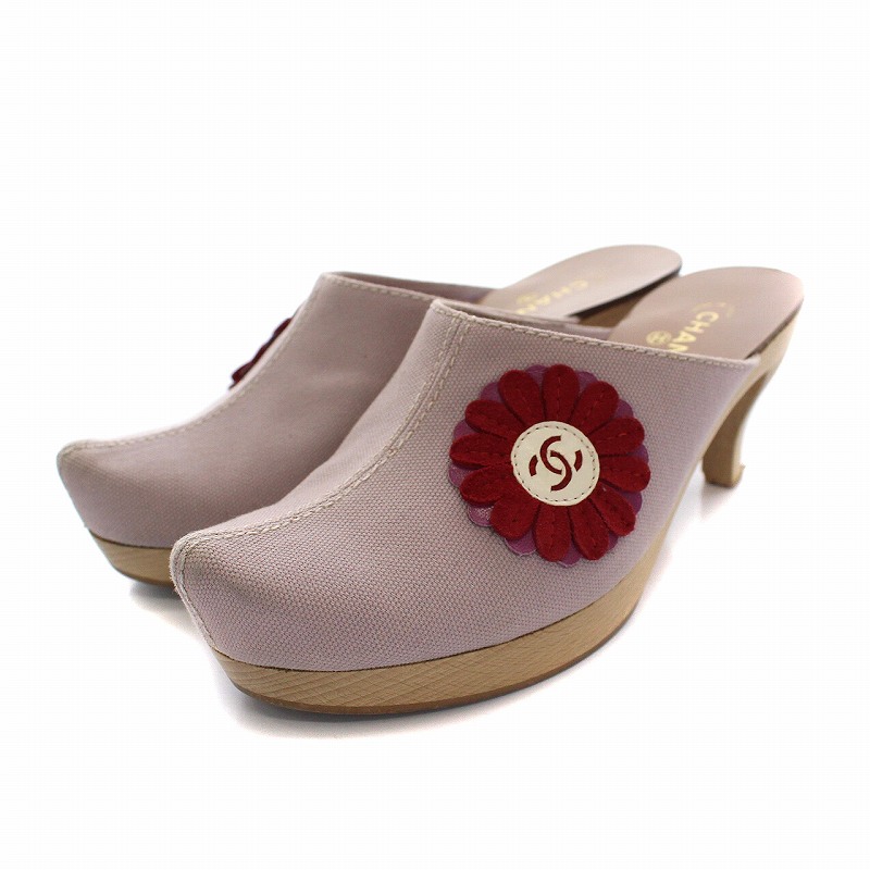 シャネル CHANEL サボサンダル ミュール フラワーモチーフ 花 ウッド 